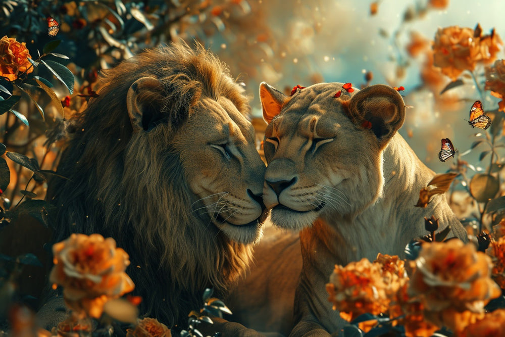 Glasschilderij romantisch leeuwenpaar oranje bloemen 120x80 cm