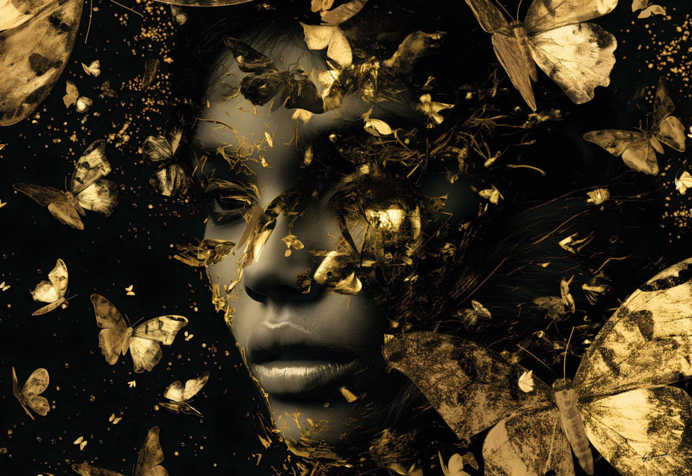 Glasschilderij vrouw close-up met gouden vlinders rechts 160x110 cm