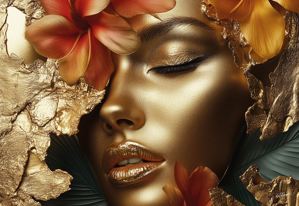 Glasschilderij Gouden vrouw in setting 160x110 cm