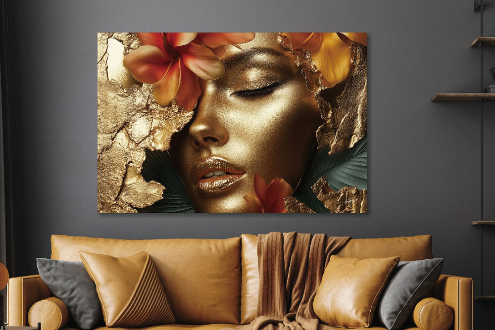 Glasschilderij Gouden vrouw in setting 160x110 cm