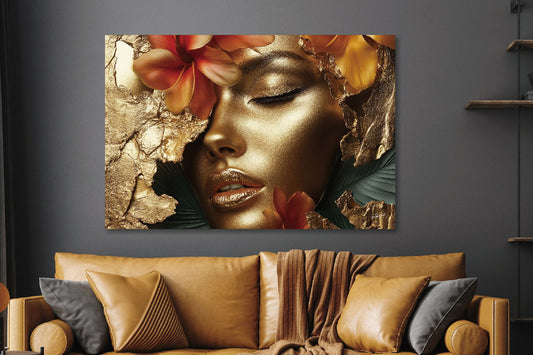 Glasschilderij Gouden vrouw in setting 160x110 cm