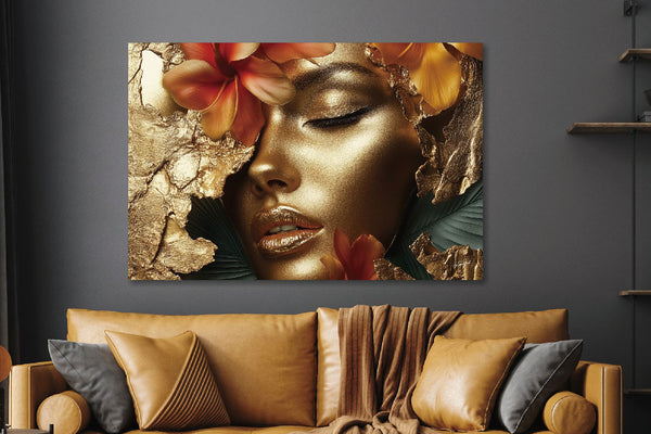 Glasschilderij Gouden vrouw in setting 160x110 cm