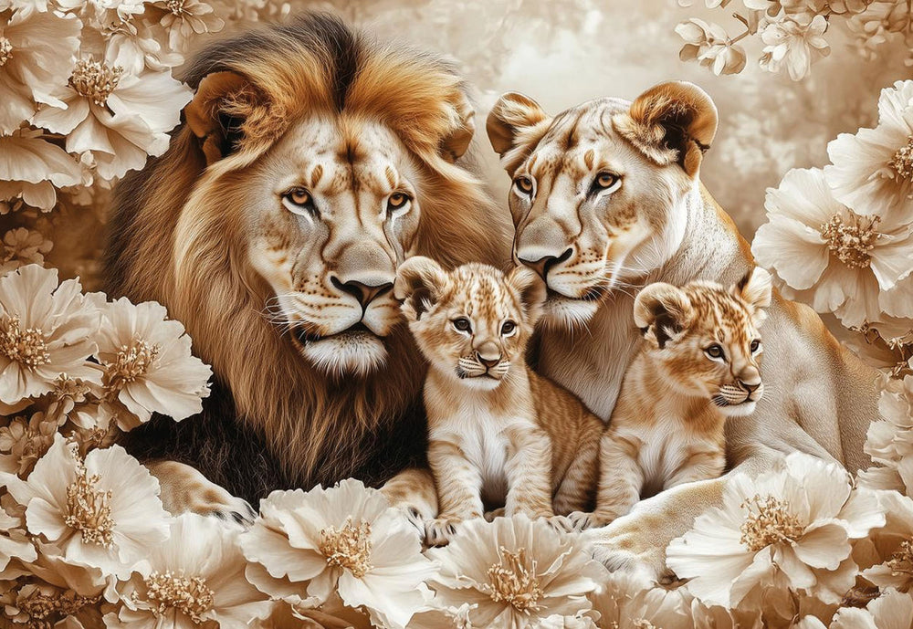 Glasschilderij  Getekende leeuwen + twee welpen 160x110 cm