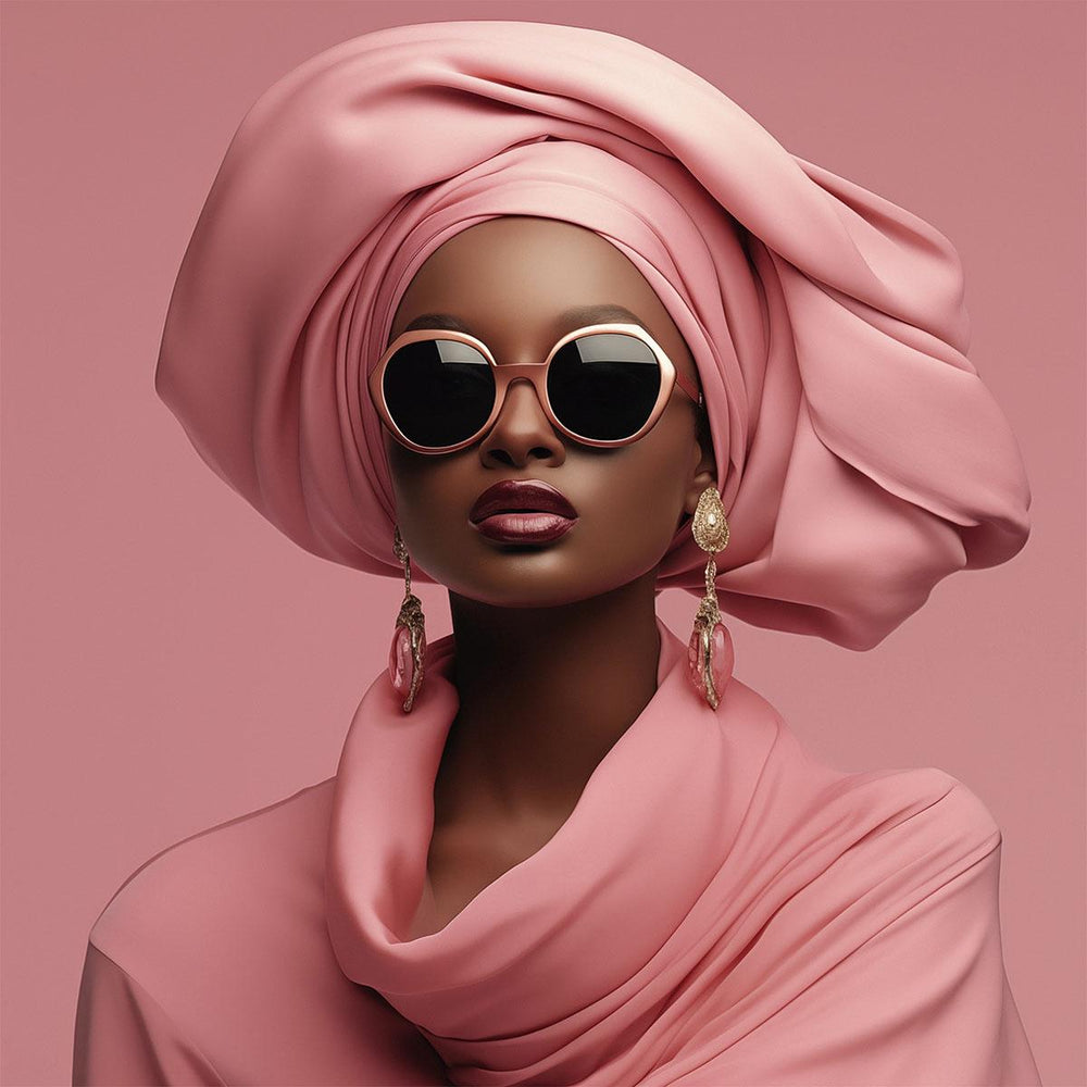 Glasschilderij Vrouw roze gekleed met roze achtergrond 3D 120x120 cm