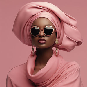 Glasschilderij Vrouw roze gekleed met roze achtergrond 3D 120x120 cm