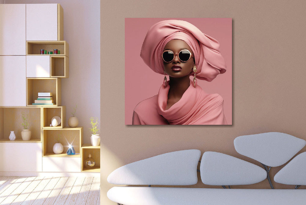 Glasschilderij Vrouw roze gekleed met roze achtergrond 3D 120x120 cm