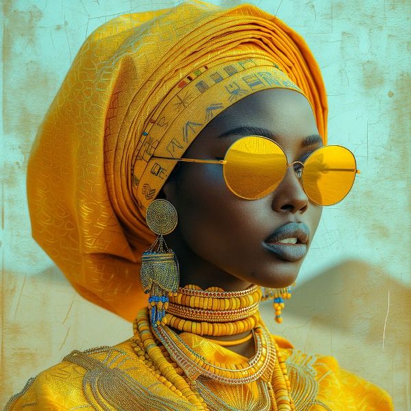 Glasschilderij Vrouw met gele zonnebril en hoofddoek met uniek 3D reliëf 120x120 cm