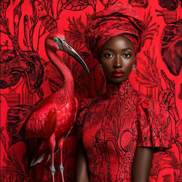 Glasschilderij Vrouw met rode vogel en achtergrond met uniek 3D reliëf 120x120 cm