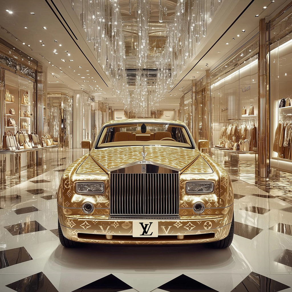 Glasschilderij gouden fashion auto in winkelcentrum met uniek 3D reliëf 120x120 cm