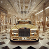 Glasschilderij gouden fashion auto in winkelcentrum met uniek 3D reliëf 120x120 cm