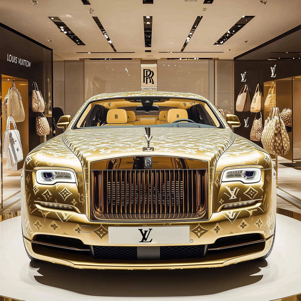 Glasschilderij gouden LV fashion auto in winkelcentrum met uniek 3D reliëf 120x120 cm