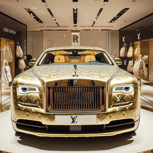 Glasschilderij gouden LV fashion auto in winkelcentrum met uniek 3D reliëf 120x120 cm