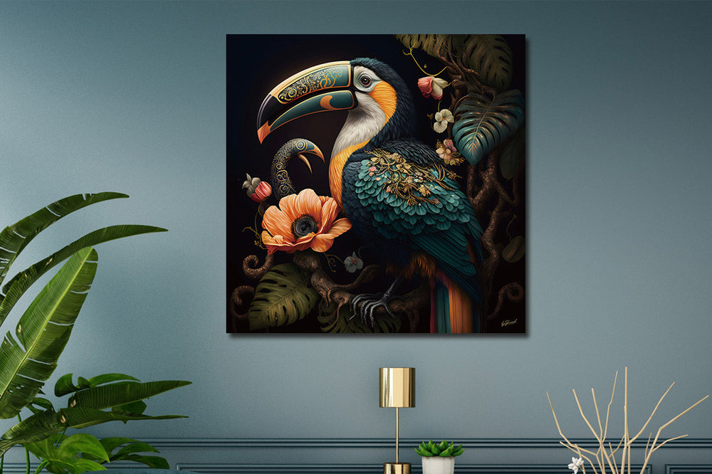 Glasschilderij Gekleurde Toekan met bloemen met uniek 3D reliëf 120x120 cm