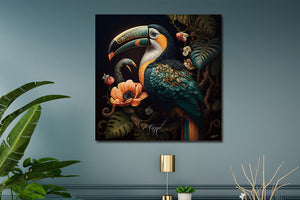 Glasschilderij Gekleurde Toekan met bloemen met uniek 3D reliëf 120x120 cm