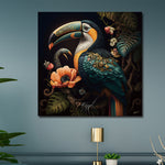 Glasschilderij Gekleurde Toekan met bloemen met uniek 3D reliëf 120x120 cm