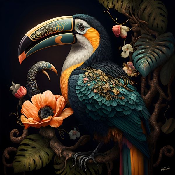 Glasschilderij Gekleurde Toekan met bloemen met uniek 3D reliëf 120x120 cm