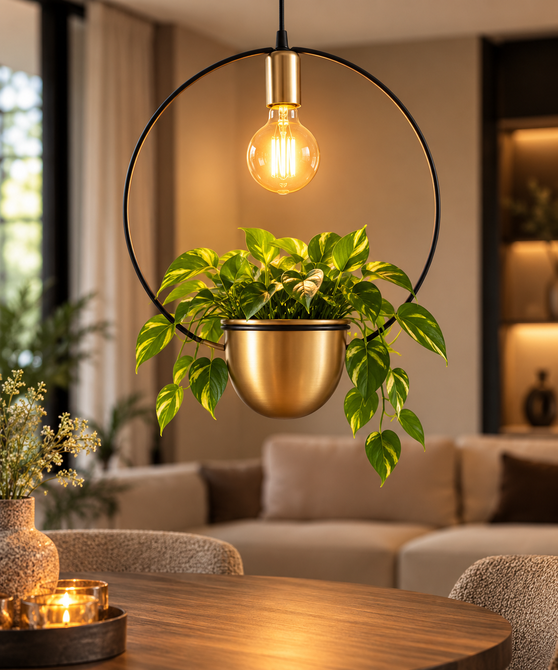 Ronde Hanglamp met Plantenbak – Zwart/Goud – 45 cm (Magazijn sale)