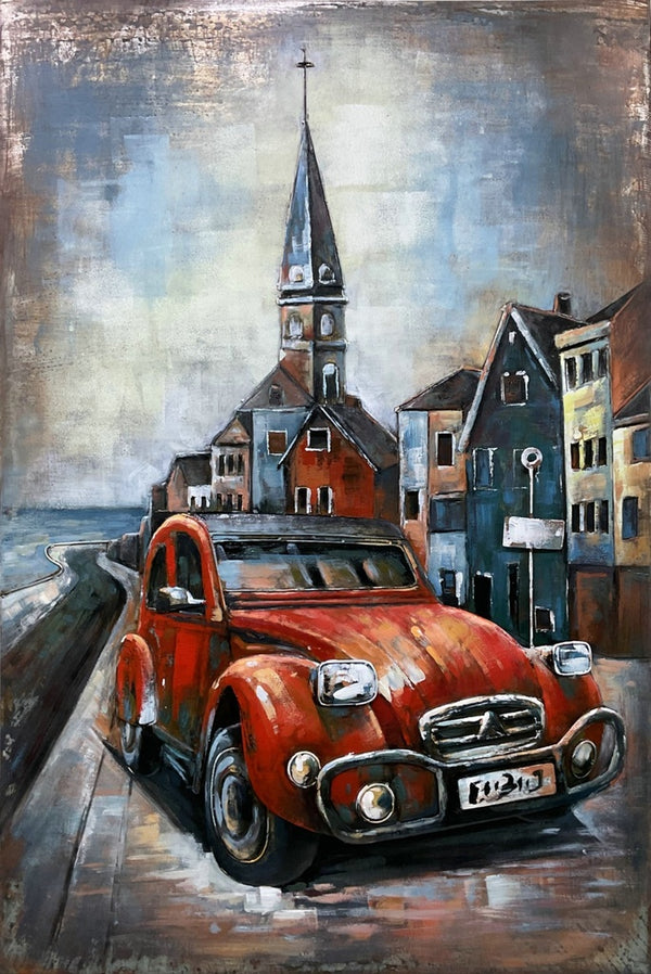 3D schilderij metaal Citroen 2 CV rood 80x120 cm