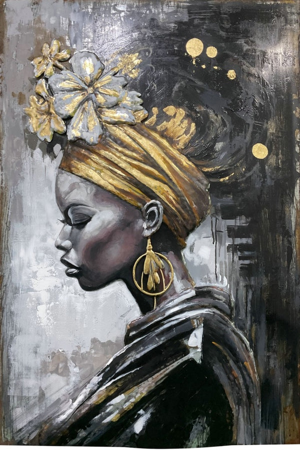 3D schilderij metaal zwarte vrouw/bloemen 80x120 cm