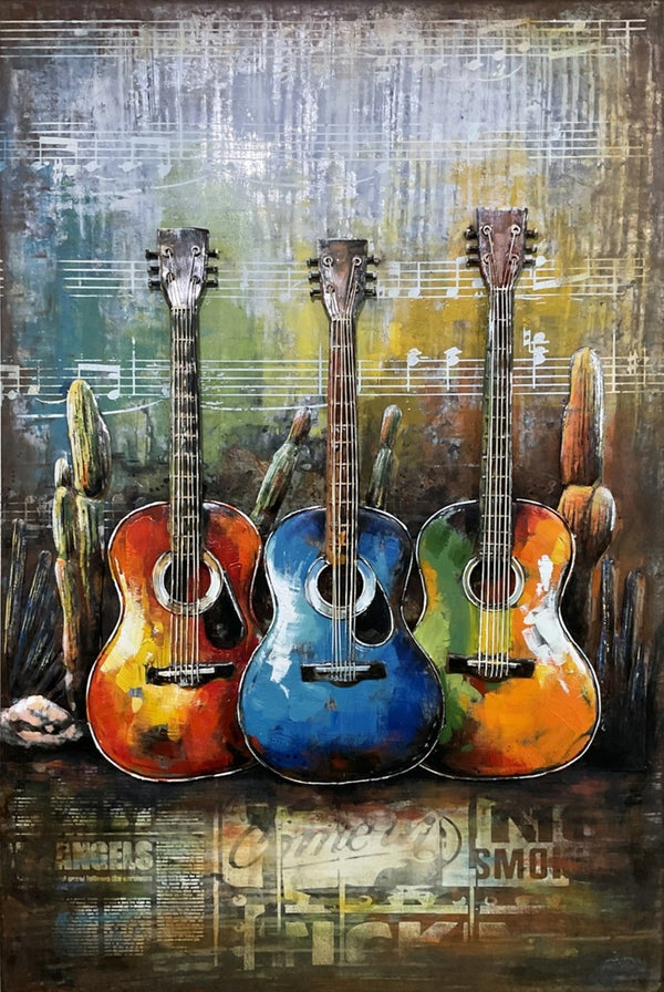 3D schilderij metaal drie gekleurde gitaren 80x120 cm