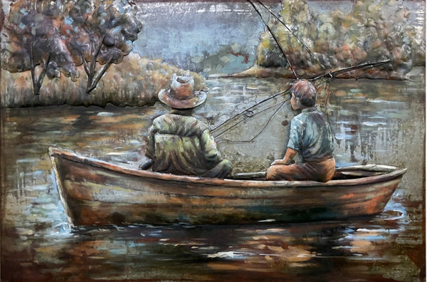 3D schilderij metaal twee vissers in roeiboot 120x80 cm