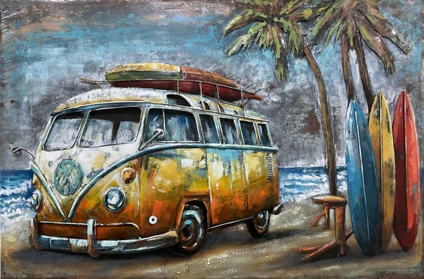 3D schilderij metaal camper busje met surfplanken 120x80 cm