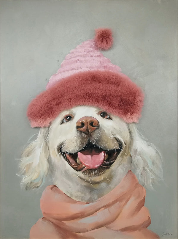 Aaibaar Olieverfschilderij met imitatiebond hond met muts 75x100 cm