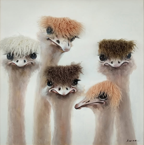 Aaibaar Olieverfschilderij met imitatiebond struisvogels 80x80 cm