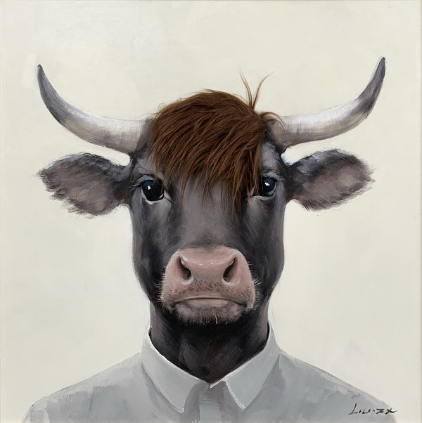 Aaibaar Olieverfschilderij met imitatiebond koe in pak 80x80 cm
