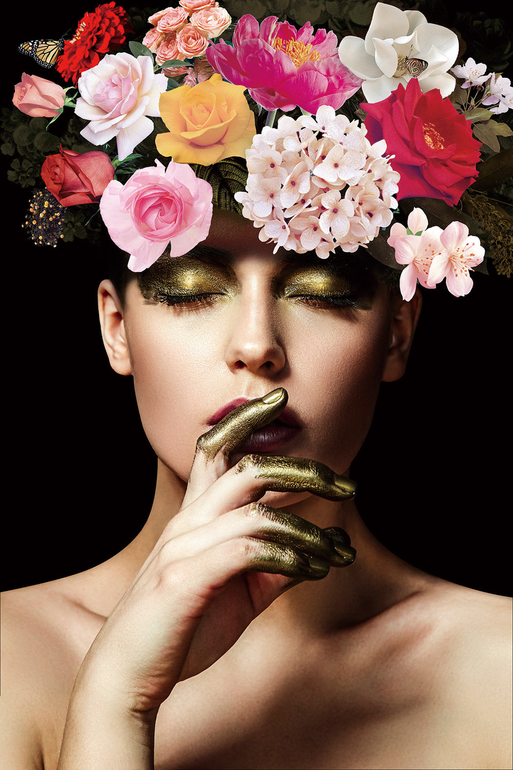 Glasschilderij vrouw met bloemenkrans  80x120 cm