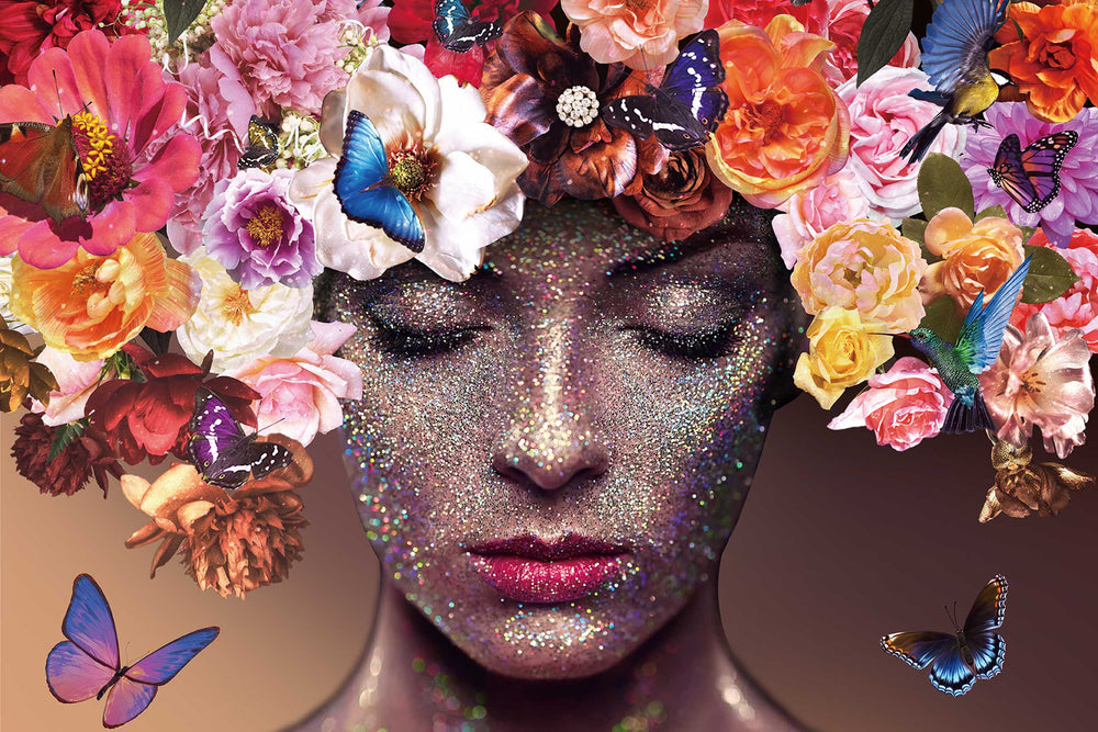 Glasschilderij vrouw met bloemen en vlinders kleurrijk 120x80 cm