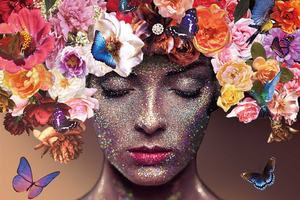 Glasschilderij vrouw met bloemen en vlinders kleurrijk 120x80 cm
