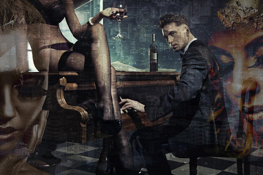 Glasschilderij rokende man achter piano 120x80 cm