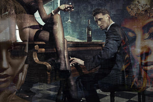 Glasschilderij rokende man achter piano 120x80 cm