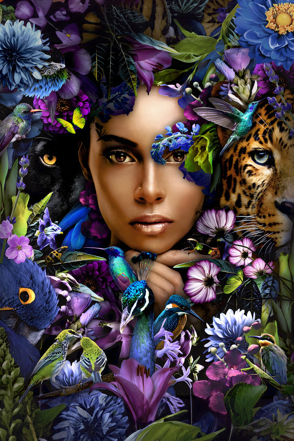 Glasschilderij vrouw jungle dieren 80x120 cm