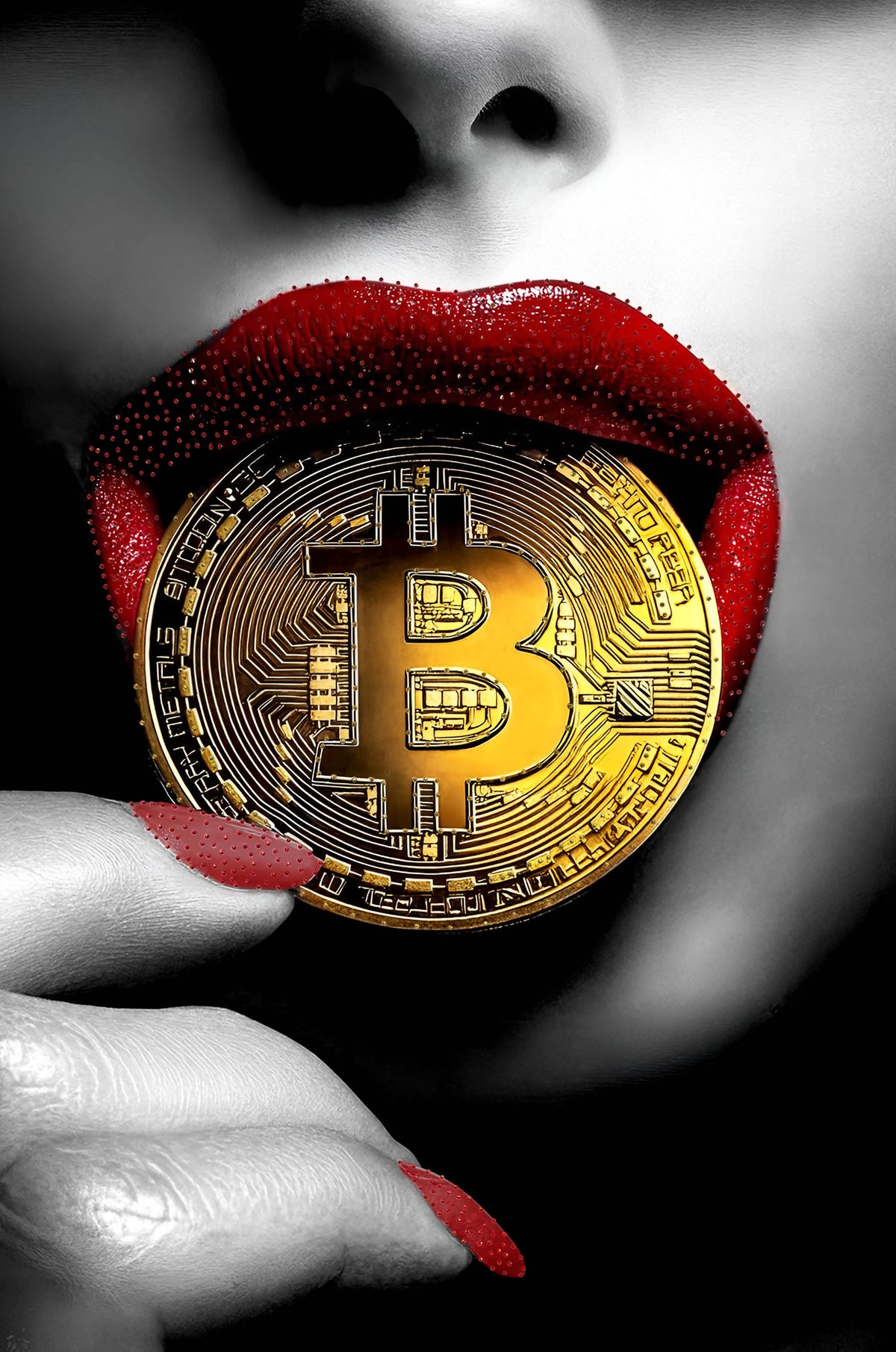 Glasschilderij vrouw/bitcoin met strass steentjes 80x120 cm