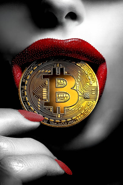 Glasschilderij vrouw/bitcoin met strass steentjes 80x120 cm