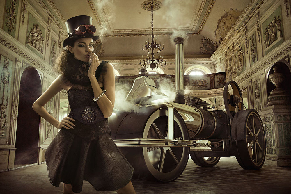 Glasschilderij rokende vrouw met auto 120x80 cm