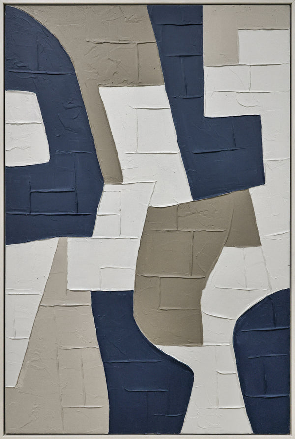 3D wanddecoratie olieverf met lijst 'Blauwe vormen ' 83x123 cm (Magazijn sale)