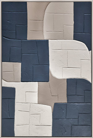 3D wanddecoratie olieverf met lijst 'Blauwe vakken ' 83x123 cm (Magazijn sale)