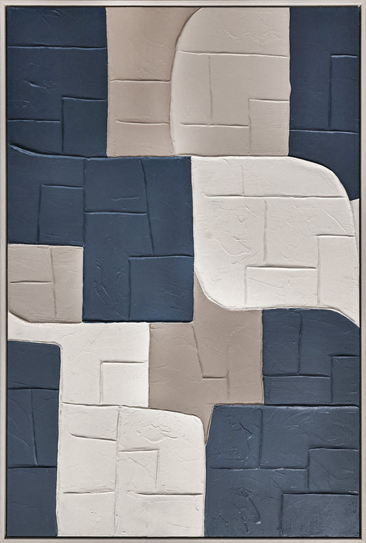 3D wanddecoratie olieverf met lijst 'Blauwe vakken ' 83x123 cm van Ter Halle