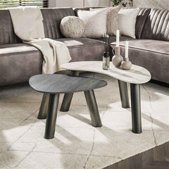 Salontafel Twin organisch set van 2 / 3D keramiek travertin zwart/grijs (Magazijn sale)