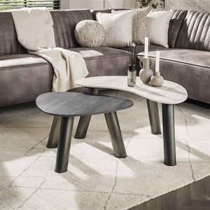 Salontafel Twin organisch set van 2 / 3D keramiek travertin zwart/grijs (Magazijn sale)