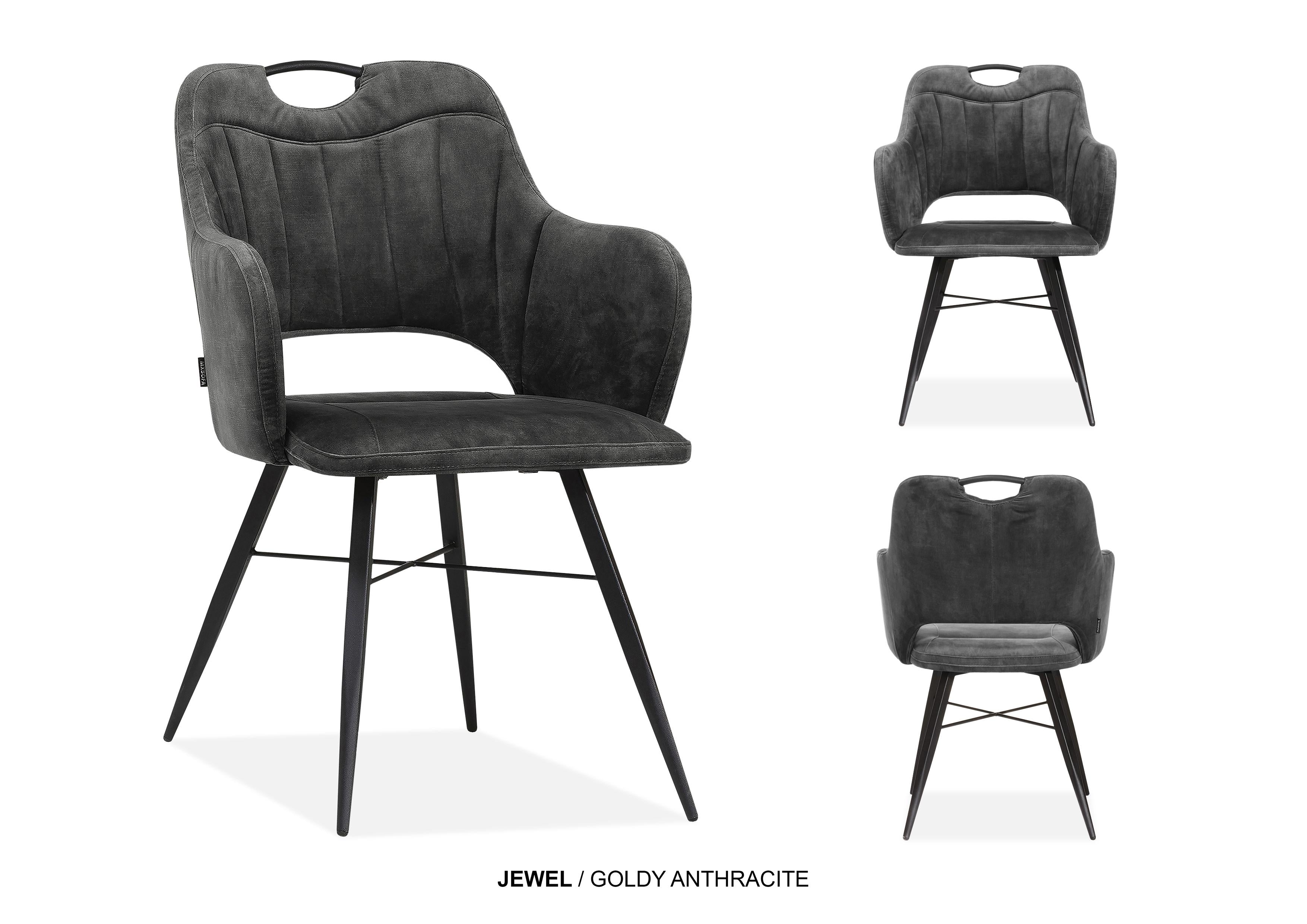 Eetkamerstoel Jewel velvet stof met armleuning - Antraciet / Cognac / Groen - Met gratis impregneerspray