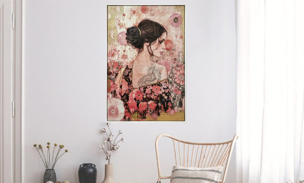 Canvas schilderij Handgeschilderd met lijst  'Lady from the back' 80x120 cm (Magazijn sale)