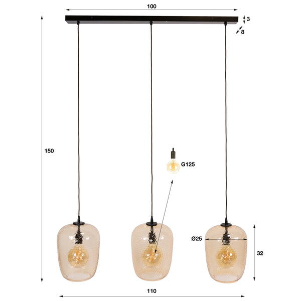 Hanglamp Python 3-lichts / Amber glas
