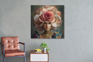 Glasschilderij 80x80cm Vrouw met grote bloem op het hoofd (Magazijn sale)