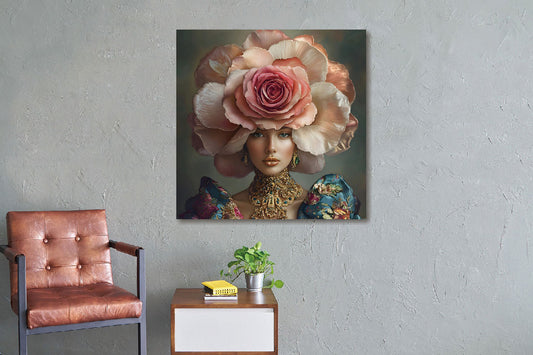 Glasschilderij 80x80cm Vrouw met grote bloem op het hoofd (Magazijn sale)