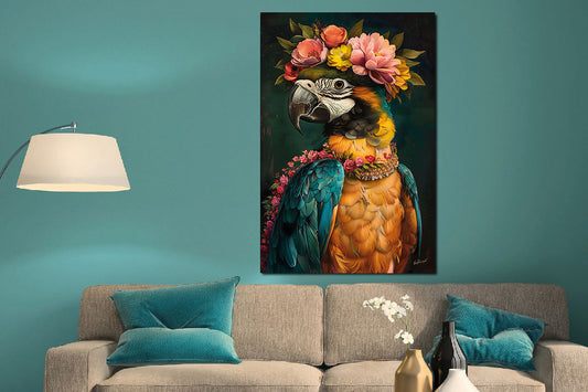 Glasschilderij Ara met bloemen 80x120 cm van Ter Halle, foto 2