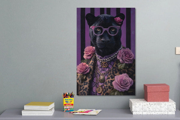 Glasschilderij  Paarse panter met bril  80x120 cm